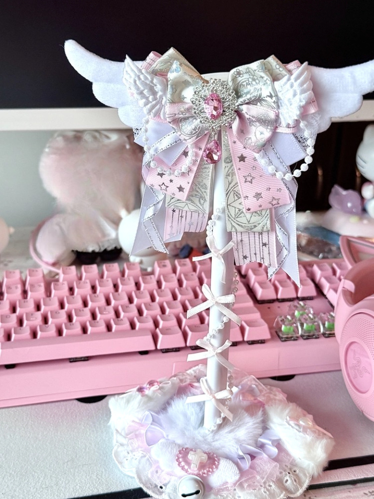 Gaming Accessories Desk - Cute Lace Headphone Stand Pink White